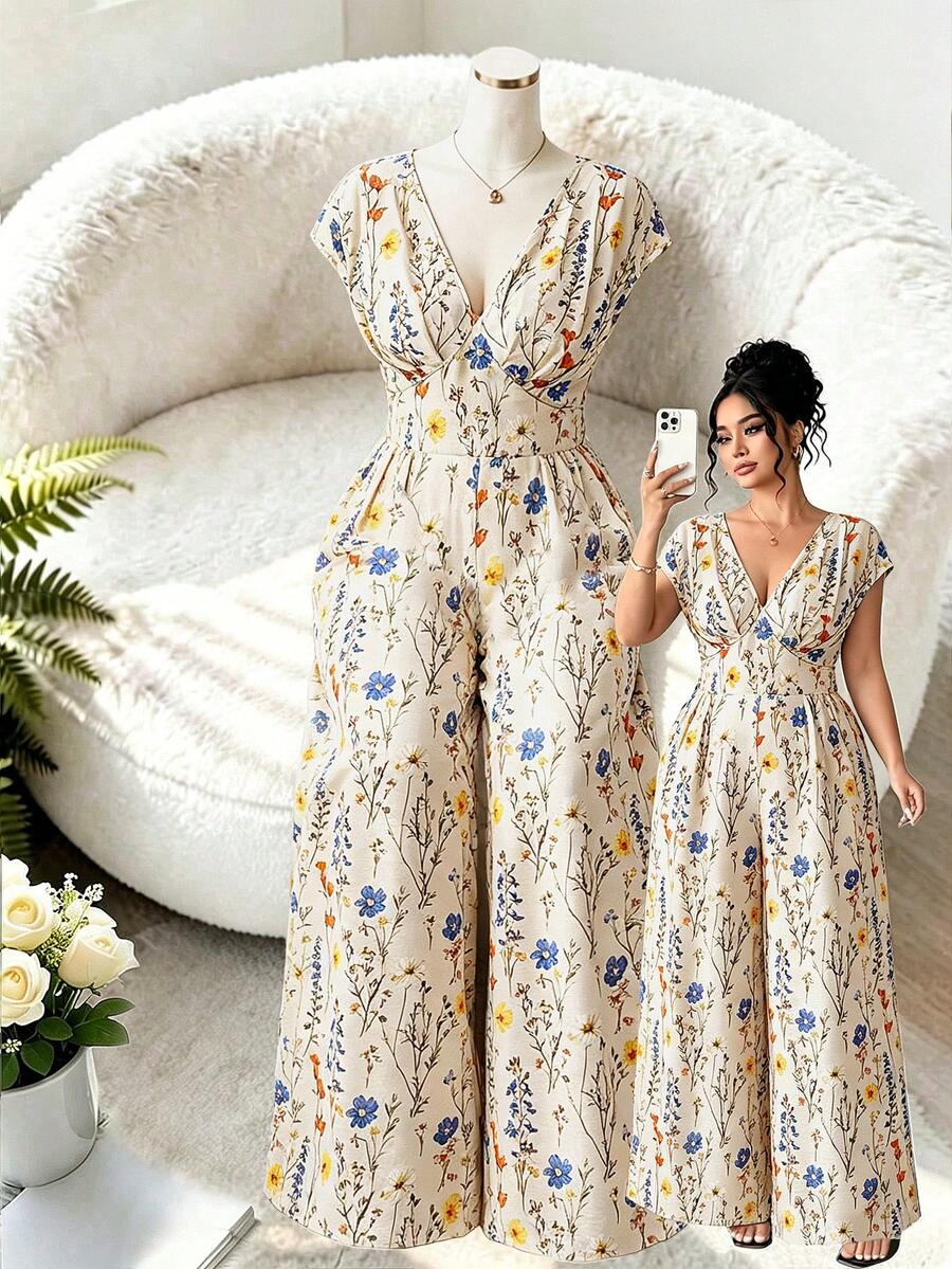Elenzga Plus Size Boho Random Floral Print Long Jumpsuit With V Neck And Wide Leg Woven Fabric Multicolor Cap Batwing Sleeve Shirred Details - Multicolor - View 1