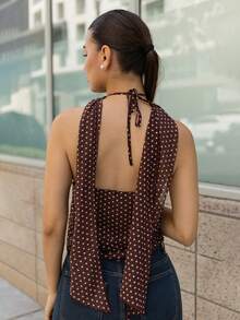 Andrea Bello Camiseta de tirantes corta con estampado de lunares linda & encantadora para mujer, uso casual vacaciones de verano - Marrón - Ver 2
