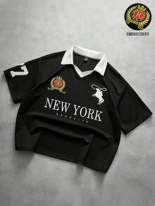 Men's Streetwear Hot-Selling INS Style TK PAVTROS Brand Embroidered NY Black & White Contrast Polo, Daily Wear, Game Party, Commemorative Gift - Black - View 1