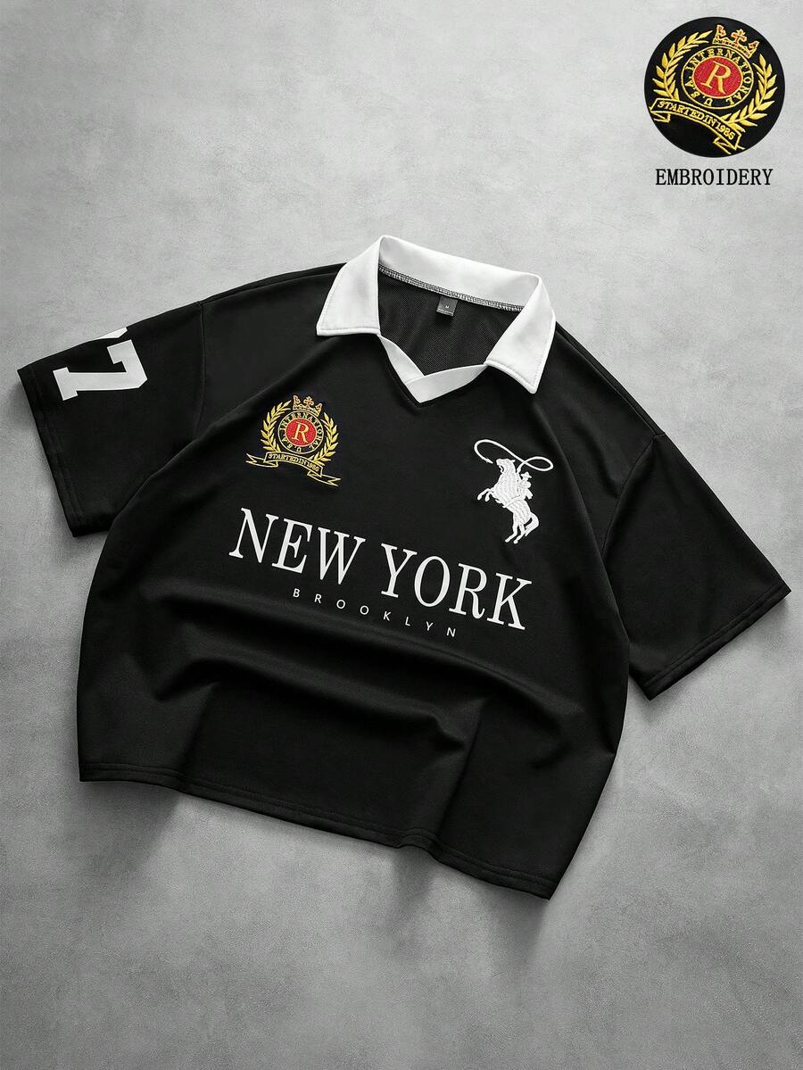 Men's Streetwear Hot-Selling INS Style TK PAVTROS Brand Embroidered NY Black & White Contrast Polo, Daily Wear, Game Party, Commemorative Gift - Black - View 1