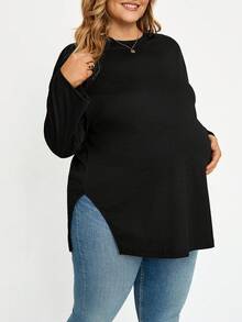 Plussiva Plus Size Maternity Casual Autumn Black Long-Sleeved Loose T-Shirt Versatile Solid Color Side Slit Top Fall Work Breast Feeding Postpartum - Black - View 8