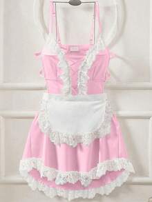 Fantasy Costume Fantasy Costume 大尺碼甜美性感蕾絲拼接抽繩綁帶洋裝與圍裙 2件組 - 珊瑚粉 - 查看 1