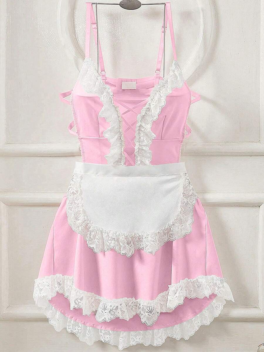 Fantasy Costume Fantasy Costume 大尺碼甜美性感蕾絲拼接抽繩綁帶洋裝與圍裙 2件組 - 珊瑚粉 - 查看 1