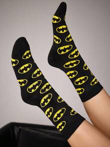 BATMAN X SHEIN 1 Pack Cartoon Pattern Black Crew Socks For Men And Women - Black and yellow - View 6