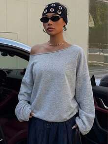 SHEIN EZwear 女款休閒淺灰色不對稱肩鬆身長袖運動衫，33%棉，適合秋季早午餐、夏冬反季穿搭 - 灰色 - 查看 4