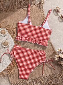 Swim Mod Bikini Camisole Motif Kotak-kotak untuk Liburan Pantai Musim Panas Wanita - Red and White - View 2