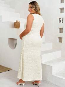 Plussiva Plus Size Solid Color Round Neck Sleeveless Fitted Elegant Maternity Chic Dress Photoshoot Summer Baby Shower Birthday Cream - Apricot - View 10
