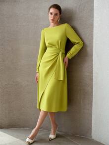 MOTF PREMIUM Vestido de mujer para primavera/otoño de negocios de unicolor con cintura anudada y largo hasta la rodilla - Mostaza Amarilla - Ver 8