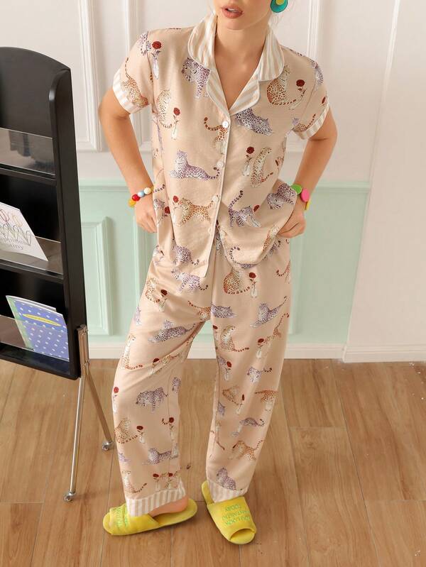Chillnights Women's Floral Print Contrast Color Striped Lapel Short Sleeve Pajama Long Pants Set