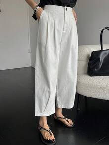 DAZY Women's Solid Color Button Pleated Casual Pants, Spring/Summer Petite - White - View 6