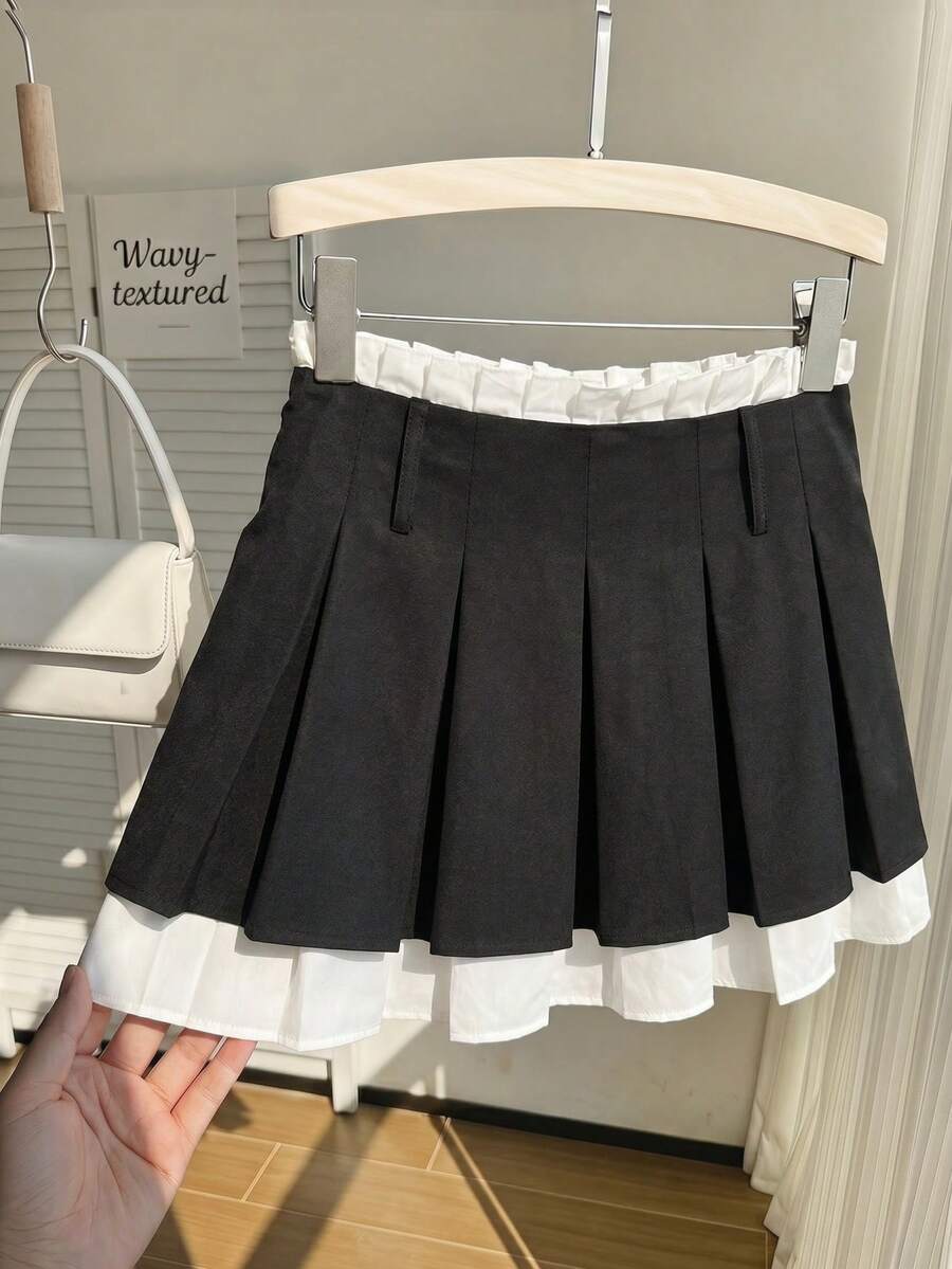 SHEIN MOD Minifalda gris con parches y doble capa plisada talla grande - Negro - Ver 1
