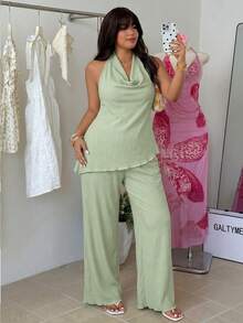 GalTyme Conjunto sexy de 2 piezas talla grande con top de cuello drapeado, escote drapeado, espalda descubierta, unicolor y cordón, y pantalones largos - verde menta - Ver 7