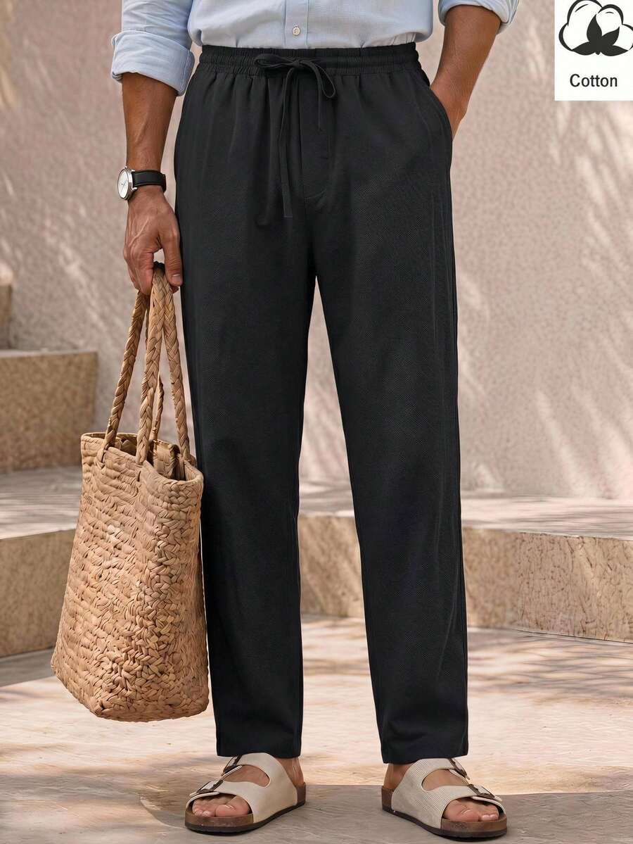 HIMLAND Men's Woven Fashion Daily Young Casual Business Solid Color Long Pants - Black - View 1