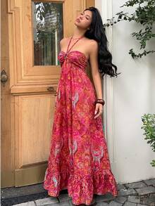 Sunnyshic Women's Elegant Halter Neck Dress - Fiery Red - View 5