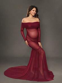 Cheriluna Maternity Gaun Fotografi Kehamilan, Gaun Maxi Tulle Lengan Panjang Tanpa Bahu dengan Potongan Pas Badan dan Hem Ekstra Panjang - Burgundy - View 3