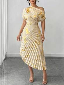 Roveilla Damen-Sommerkleid in Große Größen, elegant und raffiniert, mit asymmetrischer Schulter, Goldfolien-Plissee, Champagner-Gold, metallischem Glanz, asymmetrischem Ausschnitt, 2026 Sommerkleid, neues Kleid - Aprikosenfarben - Übersicht 6