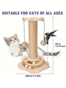 1PC Multifunctional Tall Wooden Cat Scratching Post With Two Tier Track Ball Interactive Feather Hanging Toy Durable No Mess Indoor For Adult Kitten Cat Pet Supplies - Brown - View 11