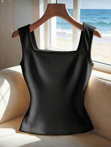 SHEIN Women's Summer Square Neck Sleeveless Tank Top With Front Faux Placket, H-Line All-Match Fit, Ribbed Textured Knit Fabric, Elegant Retro 80s 90s Black - Black - View 2