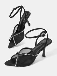 CUCCOO HITCHD Ladies' New Black Mesh See-Through Rhinestone Pointed Thin Heel Open-Toed High-Heeled Sandals, Suitable For Banquets, Parties And Weddings Summer - Black - View 12