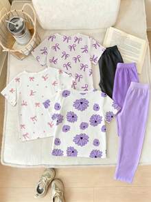 SHEIN 女嬰 2件/套休閒時尚百搭春/夏嬰幼兒T恤套裝，隨機1套，兒童內搭褲套裝 2件兒童長褲與上衣，兒童內搭褲套裝，時尚休閒穿搭，春/秋/冬街頭風 - 彩色 - 查看 3