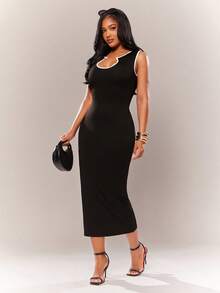 Radiana Women's New Classic Sexy Vintage Elegant Minimalist Fitted Sleeveless Black And White Checkered Trim Bodycon Dress Casual Night Out Club Summer - Black and White - View 5