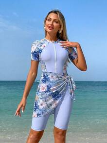 Swim Mulvari Middle Eastern Women's Burkini Hot-Stamp Print Short Sleeve Shorts Cover-Up 3 Pieces Set - Mauve Purple - View 3