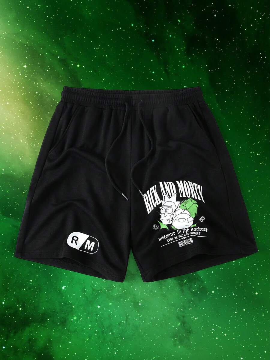 Rick and Morty X SHEIN شورت رجالي قصير بخصر برباط مزين بطبعة حروف - الأسود - مشاهدة 1