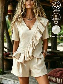 Zayélia Ensemble chemise à manches courtes à volants et short de couleur unie avec patchwork pour femmes d'âge moyen et âgées - Nude - Voir 1