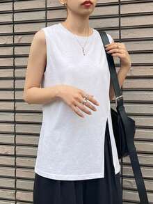 FRIFUL 女款白色無袖側開衩休閒上衣 夏季 T-shirt - 白色 - 查看 4