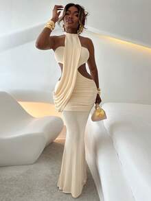 Mariisbox Women's Spring/Summer Resort Wrap Asymmetric Flounce Super Long Fish Tail Tight Bodycon Dress Elegant Party - Apricot - View 4