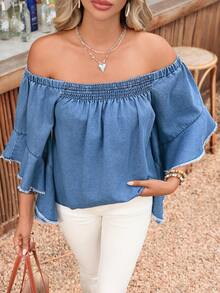 Breezaya Women's Off-Shoulder Frayed Hem Casual Versatile Everyday Denim Top - Blue - View 4