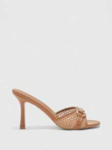 Styleloop Sepatu Wanita Motif Cokelat Anyaman Gesper Emas Dekoratif Modis Musim Semi dan Musim Panas Sandal Perjalanan Sehari-hari Ujung Bulat - Tenun unta - View 2