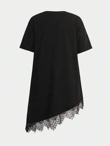 SHEIN Teen Girl Teen Girls Knit Black Patchwork Lace Trim Round Neck Loose Casual Short Sleeve Dress - Black - View 2