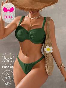 Swim DD+ 女款純色紋理比基尼套裝，含胸罩與三角泳褲 - 軍綠色 - 查看 3