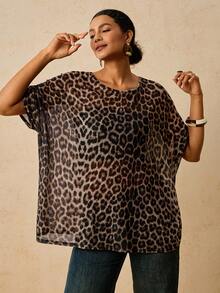 Travachic Plus Size Women's Leopard Print Round Neck Short Sleeve Casual Loose Fit T-Shirt Fall - Multicolor - View 6