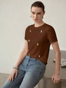 MOTF PREMIUM RHINESTONE DETAIL SHORT SLEEVE T-SHIRT - Mocha Brown - View 8