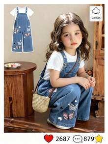Elladie kids 少女卡通蝴蝶印花牛仔背带裤，夏季休闲时尚装 - 藍色 - 查看 9