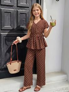 SHEIN Conjunto de 2 piezas para niñas preadolescentes con blusa de top con estampado de lunares marrones, cintura ceñida y decoración de hebilla metálica + pantalones holgados de pierna ancha, conjunto elegante y casual para ocasiones formales & casuales - Marrón - Ver 11