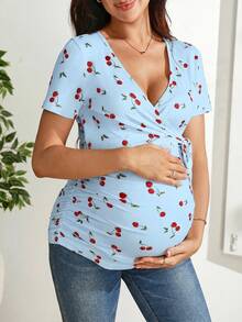 SHEIN 孕婦V領花卉印花哺乳上衣，休閒百搭日常穿著 - 藍色 - 查看 4