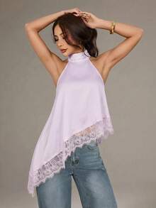 SHEIN PETITE 不對稱高領掛脖上衣，蕾絲飾邊，晚宴派對款 - 淡紫色 - 查看 6