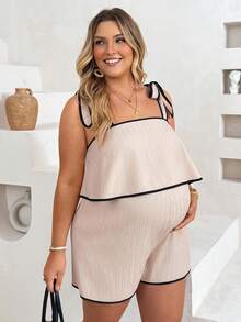 Plussiva Mono corto de tirantes para maternidad talla grande con ribete de bloques de color - Caqui - Ver 4