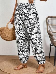 SHEIN Frenchy Celana Panjang Wanita Motif Tropis dengan Simpul di Depan, Model Pinggang Tinggi, Cocok untuk Liburan Musim Panas - Hitam dan Putih - View 5