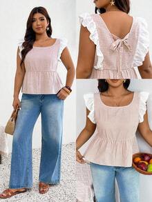 SHEIN Frenchy Plus Size Women's Plaid Round Neck Short Flutter Sleeve Ruffle Hem Blouse - Pink - View 2