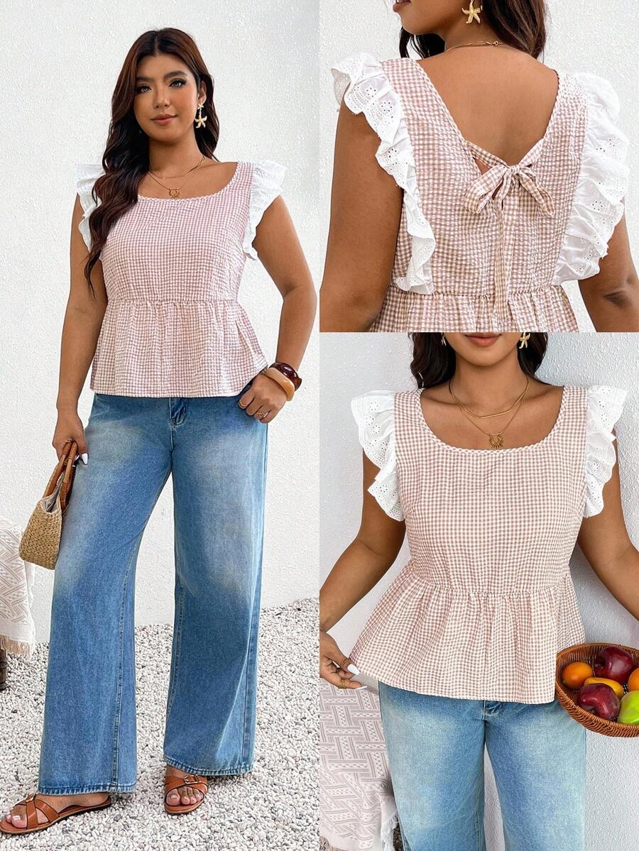 SHEIN Frenchy Plus Size Women's Plaid Round Neck Short Flutter Sleeve Ruffle Hem Blouse