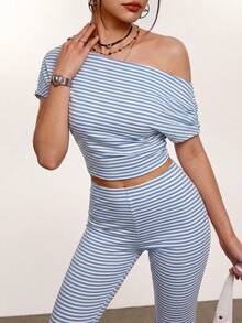 Rina Fox Women's Striped One-Shoulder Batwing Sleeve Top And Flare Pants Casual Set - Blue - View 4