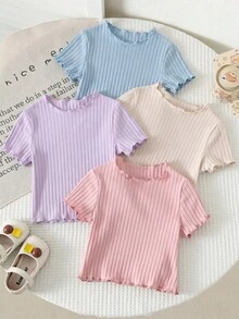 SHEIN 4件組少女夏季可愛純色荷葉邊下擺短袖上衣，夏季上衣，背心上衣 - 彩色 - 查看 1