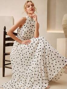 Anewsta 女士新款优雅时尚波点印花系带领叠层连衣裙，适合休闲外出、通勤、办公、派对、海滩、度假、春夏穿着，有白色、黑色、杏色可选。 - 白色 - 查看 8