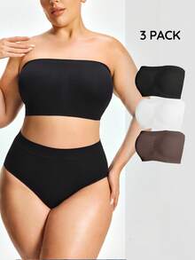 SHAPORA Women's 2026 Hot-Selling Fashionable Comfortable Minimalist Solid Color High-Quality Seamless Plus Size Bandeau Bra 3-Piece Set - Multicolor - View 3