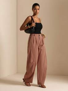 Vesra Women's Solid Color Casual Versatile Button Pocket Pleated Long Pants - Brown - View 5