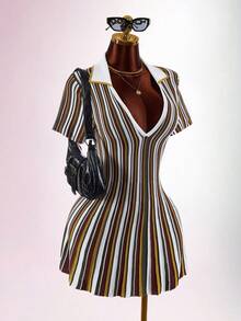 Amplova Colorblock Multicolor Stripes Polo Collar Cinched Waist A-Line Knit Mini Dress Brunch Autumn Elegant Classy - Multicolor - View 4